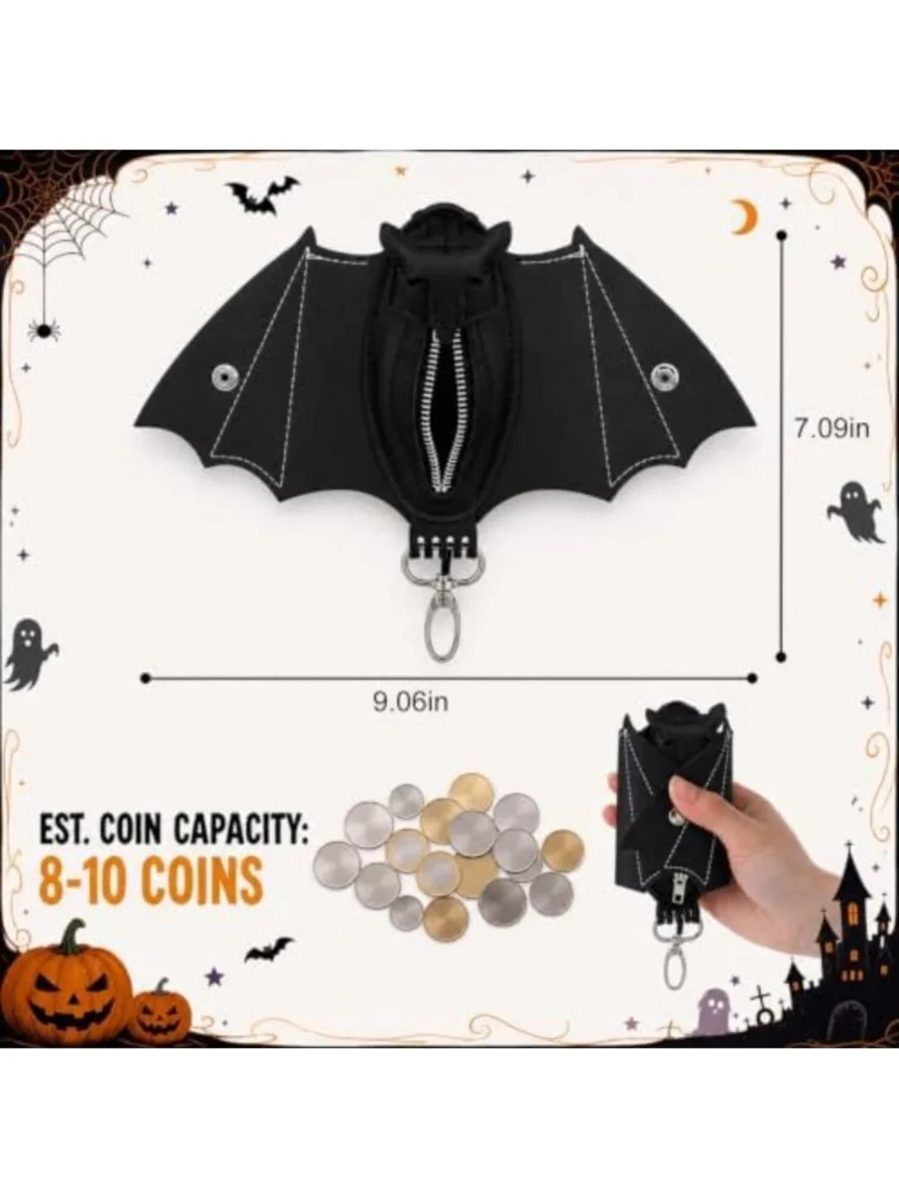 Gothic Bat Coin Purse Set - Handmade Halloween Folding Wing Wallets, 2 Pack